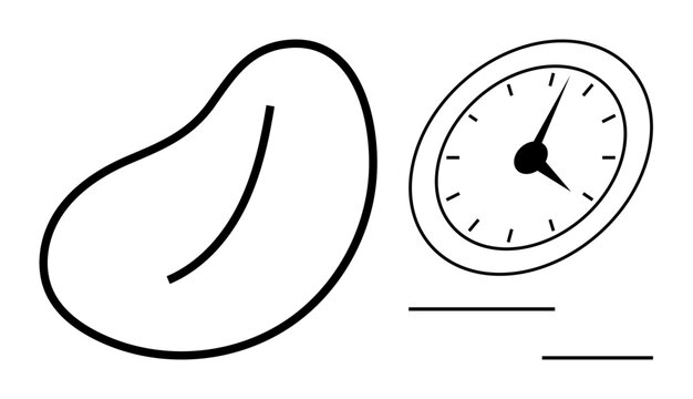 Simple bean outline paired with an analog clock showing time progression. Ideal for themes of productivity, growth, time management, balance, planning, efficiency, simple flat metaphor