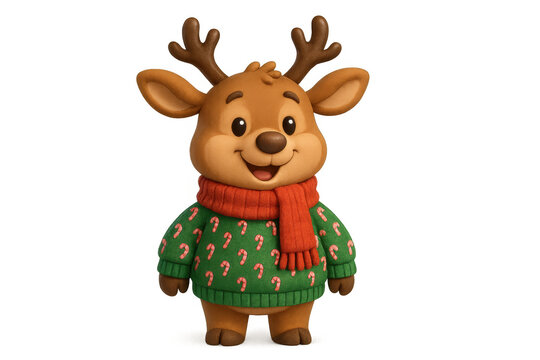 Cute claymation reindeer cartoon character wearing a warm christmas sweater and red scarf standing with a happy smile