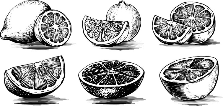 Citrus fruit collection: lemon, orange, grapefruit vintage hand drawn sketch for design