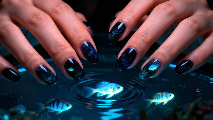 Hands with glossy blue nail art featuring intricate aquatic patterns, hovering above shimmering water with small tropical fish, beauty, fashion, and nail design photography for lifestyle or studio use