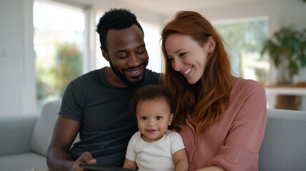 Happy interracial family sitting together on a cozy light-gray sofa at home, enjoying a moment with their baby daughter. The Black father and red-haired white mother smile warmly w