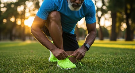 Mature man with gray beard secures bright athletic shoe laces outdoors at sunrise or sunset