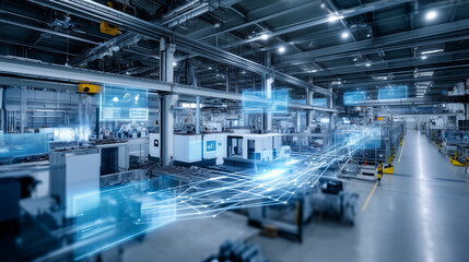 Obraz premium A state-of-the-art smart manufacturing plant showcasing advanced IoT technology and automation under Industry 4.0 principles. The modern factory floor is filled with robotic arms,