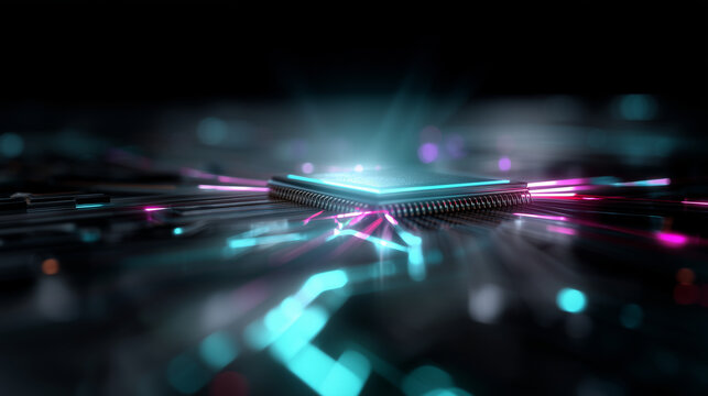 Abstract 3D rendering of a futuristic processor chip glowing with neon lines, symbolizing artificial intelligence, big data, and high-tech computing power. The central microchip is
