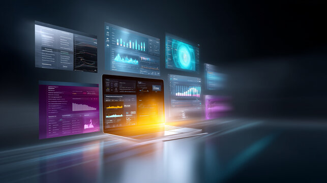 composition features a workspace with multiple floating digital panels representing Google My Business, SEO tools, citation building, keyword density analysis, long-tail keyword st