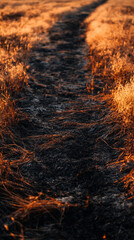 Burned field slowly regrowing with fresh green shoots symbolizing resilience renewal and the cyclical power of nature transforming devastation into new life