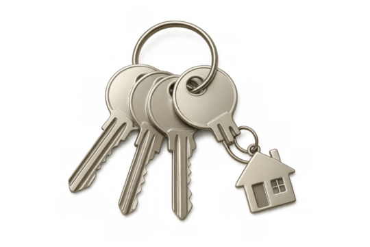 House keys with small home symbol on a keychain, representing real estate ownership and property investment