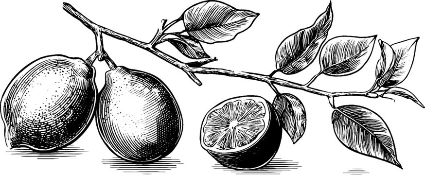 Vintage citrus branch engraving with lemons and orange twig for retro design