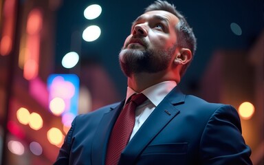 A man in a suit looks up with determination, a backdrop of colorful lights. High quality