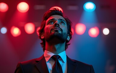 A man in a suit looks up with determination, a backdrop of colorful lights. High quality