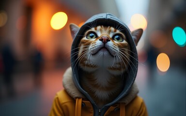 Cat Wearing Hoodie Looking Up with Blurred Street Lights Background. High quality