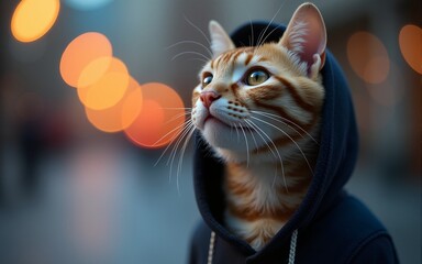 Cat Wearing Hoodie Looking Up with Blurred Street Lights Background. High quality