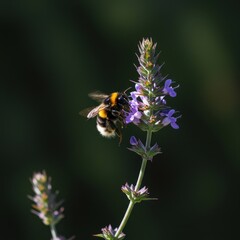 A fuzzy bumblebee hovers above a vibrant purple blossom, capturing nectar during a warm, sunny spring day in the garden ,environment, natural, purple