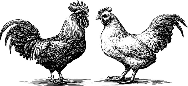 Vintage engraving style collection of rooster, hen, and chick illustrations for design