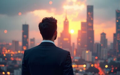 A Man in a Suit Looking Up at a Vibrant Cityscape. High quality