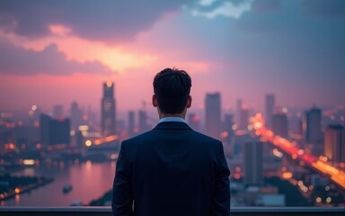 A Man in a Suit Looking Up at a Vibrant Cityscape. High quality