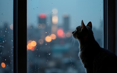A cat looks up at the city lights through a rain-streaked window. High quality