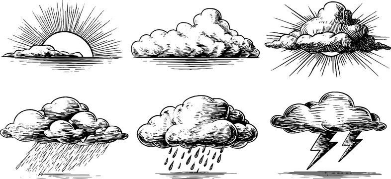 Weather phenomena in vintage engraving style: sunbeam, rain, cloud, and lightning illustrations