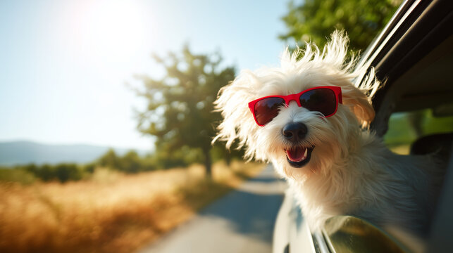 A joyful scene of a playful dog wearing bright red sunglasses, happily sticking its head out of a moving car window on a sunny day. The wind ruffles its fur as it enjoys the ride,