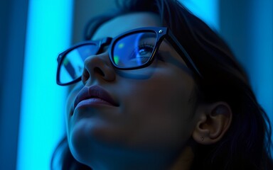 Woman looking up with blue lights reflection in glasses. High quality