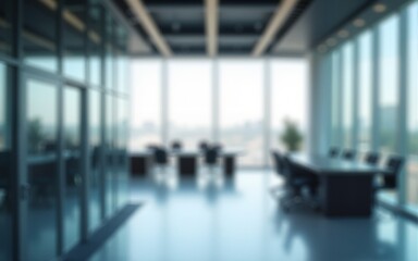 Modern blurred office space of a business building center. Glass wall with empty space. Blurred abstract light background for presentation and design. High quality