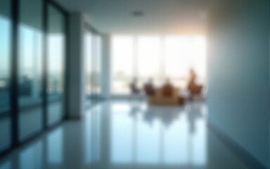 Modern blurred office space of a business building center. Glass wall with empty space. Blurred abstract light background for presentation and design. High quality
