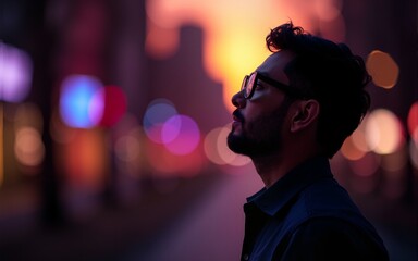 Silhouette of a Man with Glasses Looking Up at Bokeh Lights. High quality