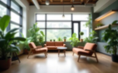 Business, blur and empty office with plants, lights and furniture in creative workplace for recruitment opportunity. Building, interior design and sustainability with windows, space and startup