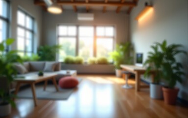 Business, blur and empty office with plants, lights and furniture in creative workplace for recruitment opportunity. Building, interior design and sustainability with windows, space and startup