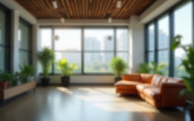 Business, blur and empty office with plants, lights and furniture in creative workplace for recruitment opportunity. Building, interior design and sustainability with windows, space and startup