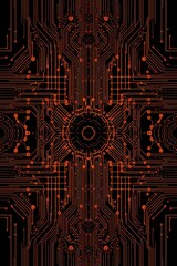 An intricate and vibrant abstract design featuring glowing orange digital pathways and interconnected nodes on a stark black background. This visually striking image represents concepts of computing, 
