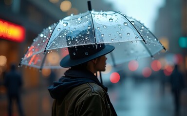 A view from under a clear umbrella covered in large, colorful raindrops, looking up at a person wearing a hat and raincoat against a blurred background. High quality