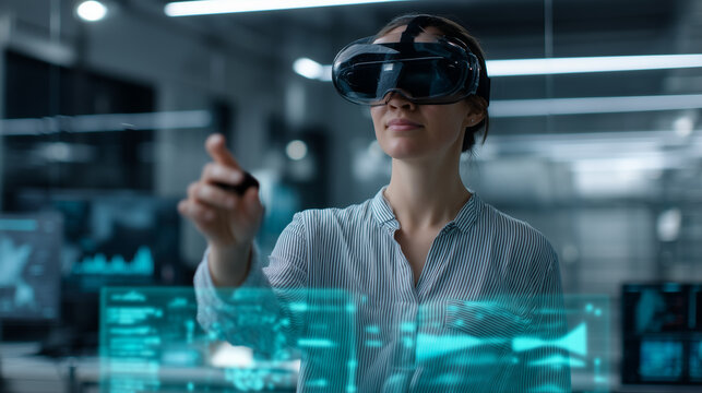 A woman wearing a VR headset and motion controllers stands in a futuristic laboratory filled with glowing holograms and advanced digital interfaces. She interacts with floating 3D