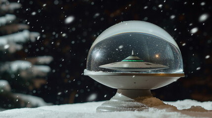 Mysterious ufo inside a snow globe in a winter night scene – perfect for sci-fi branding, holiday campaigns and creative winter concepts