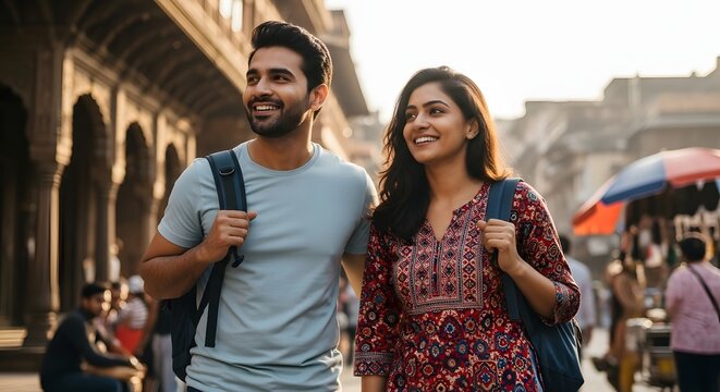 A happy young couple with backpacks walking and smiling on a bustling street in an old Indian city, enjoying their travel adventure.