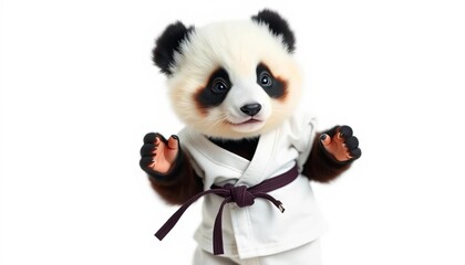 Obraz premium Adorable panda cub in miniature karate gi, playful pose, white background, young, white