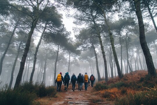 Diverse group of hikers navigating a misty forest trail, surrounded by tall trees and earthy textures, embodying the spirit of adventure and exploration in nature