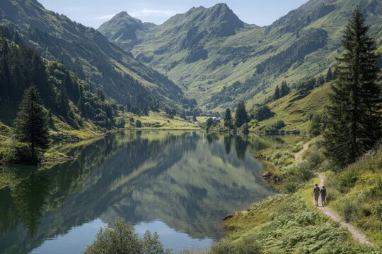 Elderly Caucasian couple hiking along a scenic lakeside trail surrounded by lush green mountains and trees, enjoying nature and each other's company in a serene landscape - Powered by Adobe