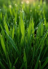Vibrant emerald grass blades glistening under bright morning sunshine, showcasing freshness and natural growth ,sparkling ,abstract ,wallpaper