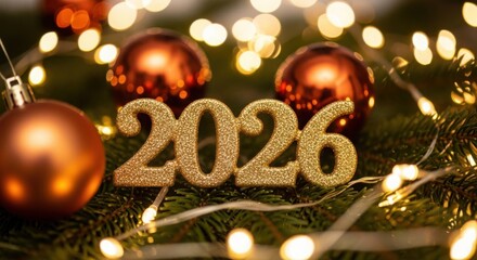Sparkling 2026 numbers with warm festive lights and ornaments for new year celebration illustration