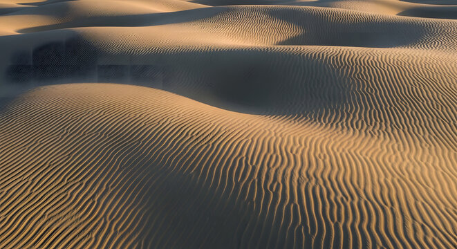 Golden Sand Dunes Rippled by Wind Under Warm Sunlight.