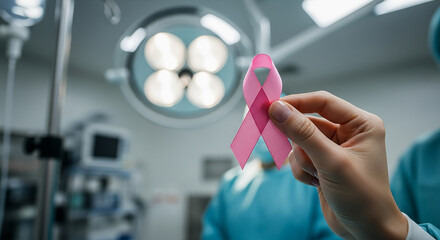 Hand holding pink ribbon in operating room for breast cancer awareness
