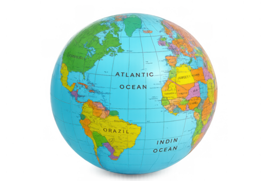 Desktop educational globe showing continents, oceans, and country borders, on transparent background