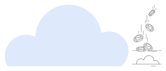 Large cloud icon with coins falling from above, symbolizing digital profits and financial concepts. Ideal for technology, economy, cloud storage, fintech, innovation, data, and business growth