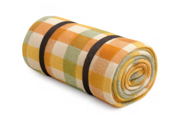 Rolled up picnic blanket in plaid pattern, ready for outdoor leisure, comfort, and cozy autumn adventures