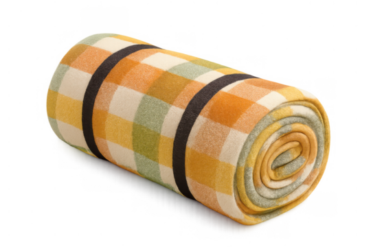 Rolled up picnic blanket in plaid pattern, ready for outdoor leisure, comfort, and cozy autumn adventures
