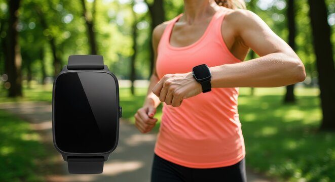 Fitness wearable device floats over image of active woman checking her wristband during outdoor exercise
