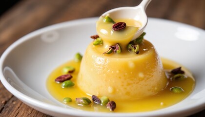 saffron pistachio pudding with golden sauce served on white plate traditional middle eastern dessert for restaurant menu gourmet catering and food photography