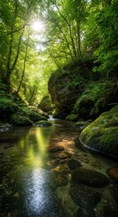Fototapeta premium Clear flowing water winding through an ancient, quiet woodland. Sunlight filters through the canopy, illuminating smooth river stones and lush moss, earthy, water, forest