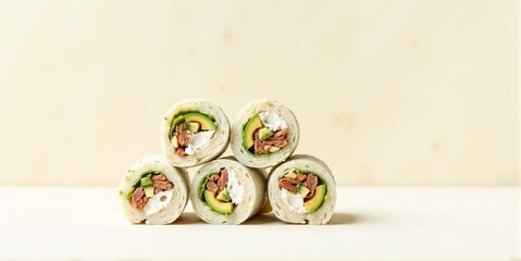 sushi rolls stacked pyramid style with salmon avocado and cream cheese on beige background minimal composition for restaurant branding catering and food photography